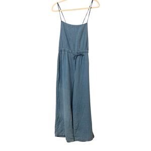 American Eagle Tie Back Elastic Waist Wide Leg Chambray Blue Jumpsuit Size Large